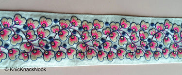 Beige Fabric Trim With Green / Orange / Fuchsia Pink Floral Embroidery, 58mm wide - 200317L454 / 55 / 56